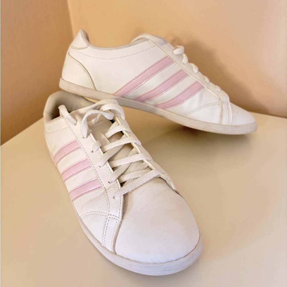 adidas Women's White Sneakers with Pink Stripes